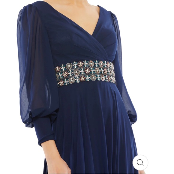 NWOT Mac Duggal bishop sleeve wrap over belt detail flowy gown - Picture 2 of 15